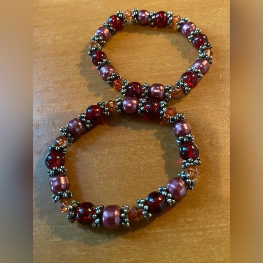 Lot 2 Multicolor Glass Beaded Stretch Bracelets Women's Red Purple 7"